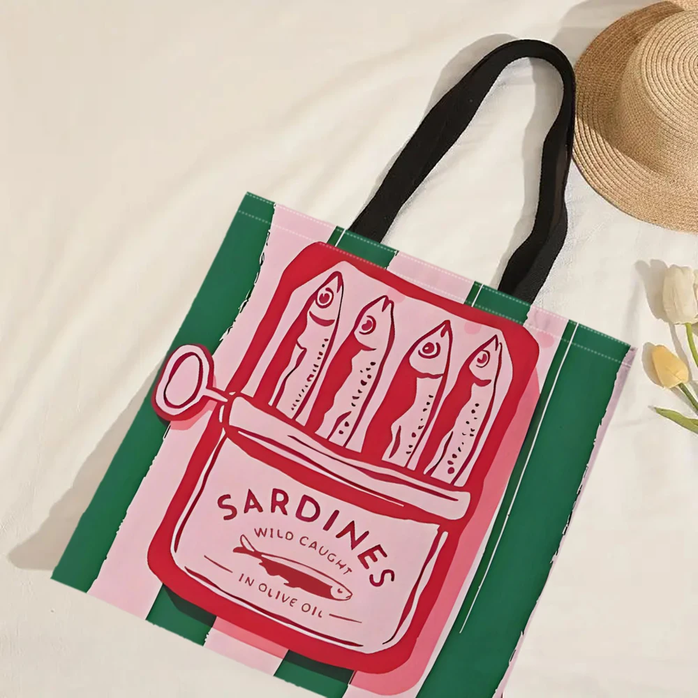 حقيبة كتف برسومات سردين، حقيبة كتف أنيقة وخفيفة الوزن على شكل سمكة، حقيبة تسوق قابلة لإعادة الاستخدام، حقيبة سفر للتنقل #2
