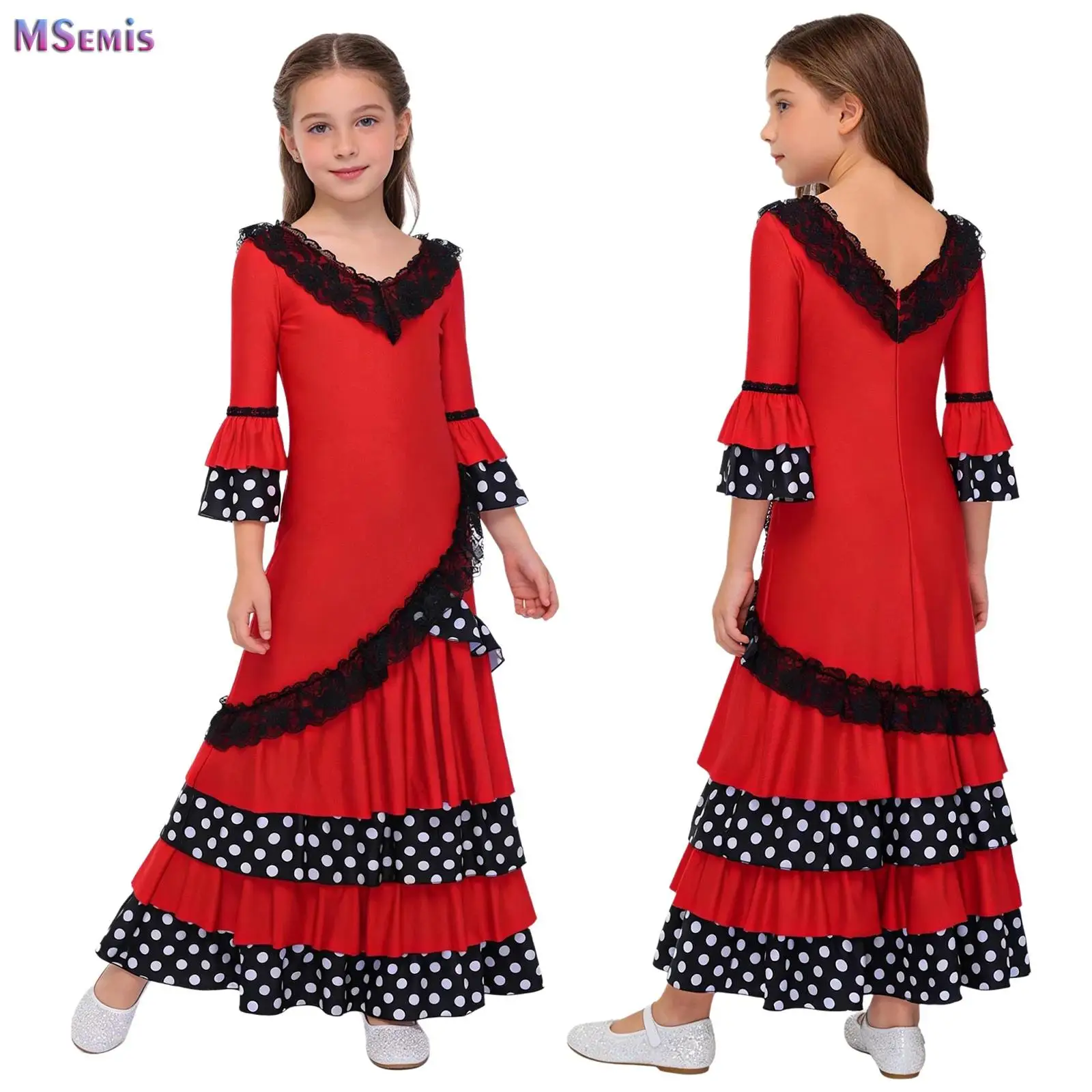 

Kids Girls Tiered Ruffle Flamenco Dance Dress Sevillana Dress for April Fair Andalusian Ballroom Performance Competition Costume