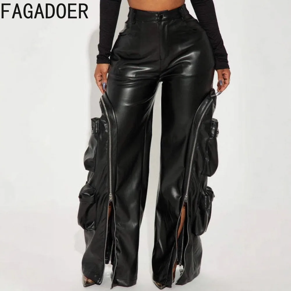 FAGADOER Fashion Leather Patchwork Bodycon Pants for Woman Solid Color Zipper Pocket Skiny Pants Female Streetwear Bottoms New