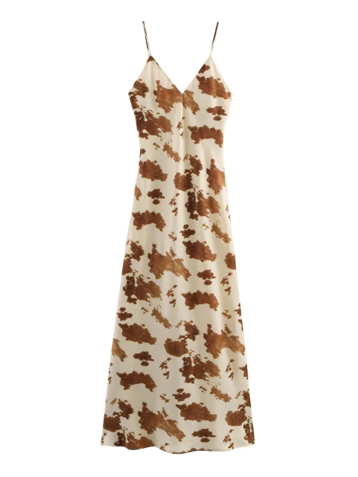 Ele taille haute soie Satin longue v-ne Strapl Dr saison d'été impression conception fermeture à glissière robe pour les femmes