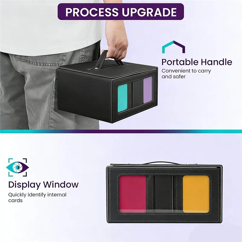Magnetic Trading Card Storage Box With Window, Removable Deck Case With Handle For Sports Cards Black+Gray