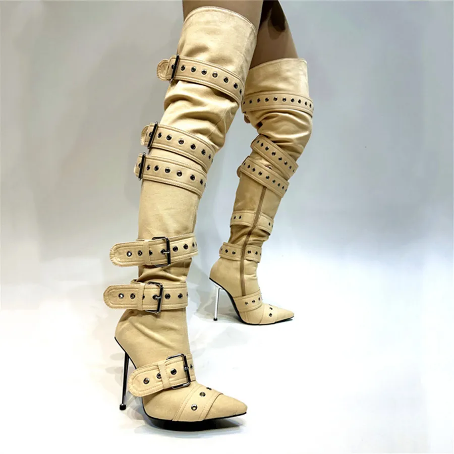 

2024 Runway Women Pointed Toe Thigh High Boots Ladies High Heel Over the Knee Botas Mujer Sexy Buckles Dress Shoes Big Size 43