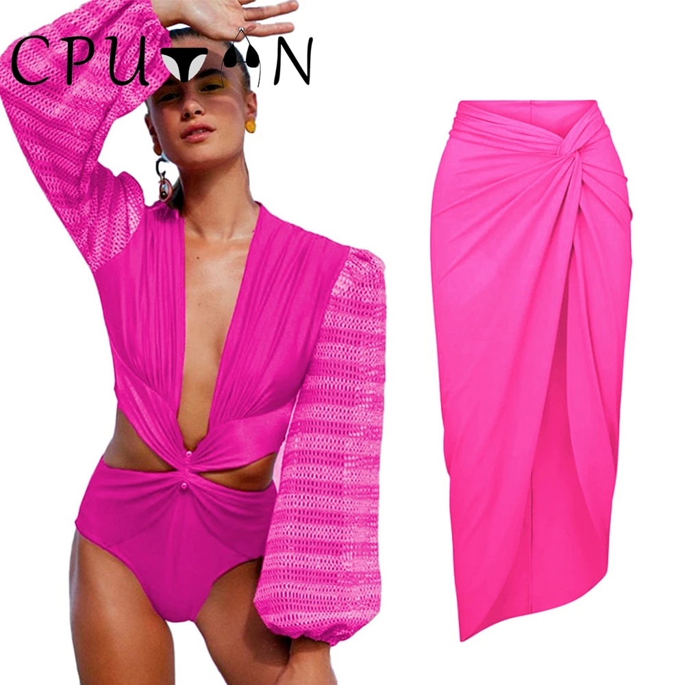 CPUTAN Sexy Long Sleeve Bikinis Set 2024 Cut Out Swimsuit Skirt Monokini Surfing Swimwear Women Brazilian Bathing Suit Dress