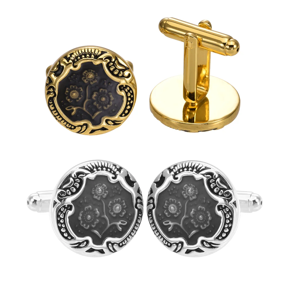 Vintage Golden-plated Floral Pattern Cufflinks Contrasting Color Carved Men's Business Formal Wear Banquet Cufflinks Accessories