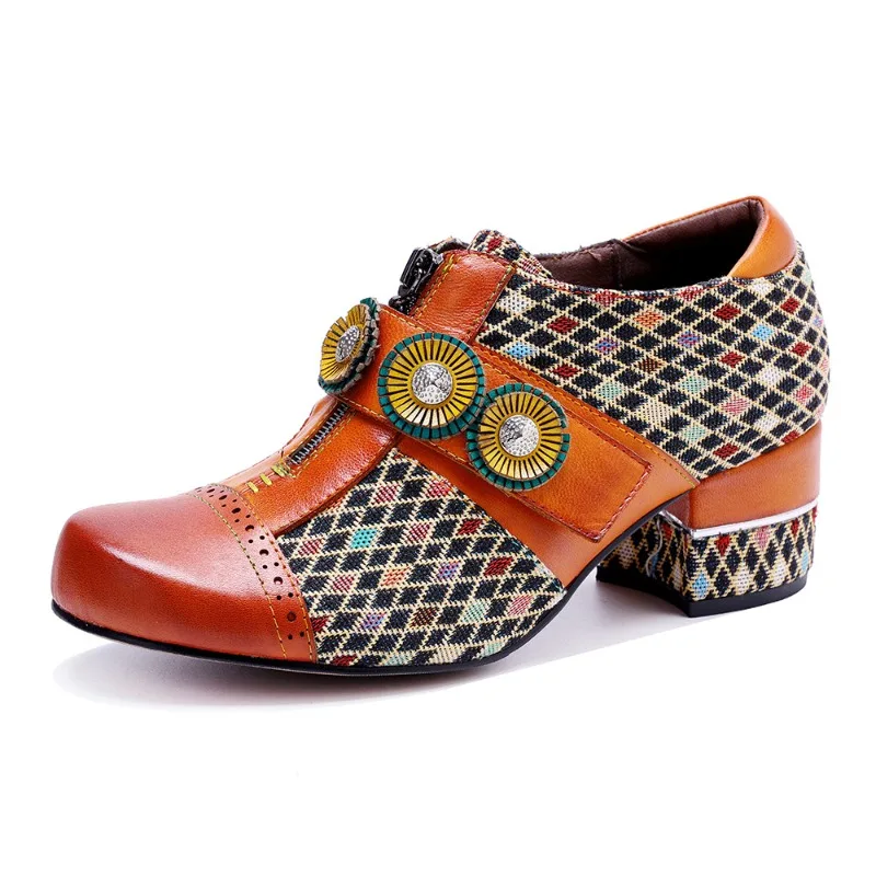 4.5CM Genuine Leather Women Shoes Plaid Splicing Flower Breathable Women Hook Loop Shoes Orange for Women Spring Autumn Shoes view 6