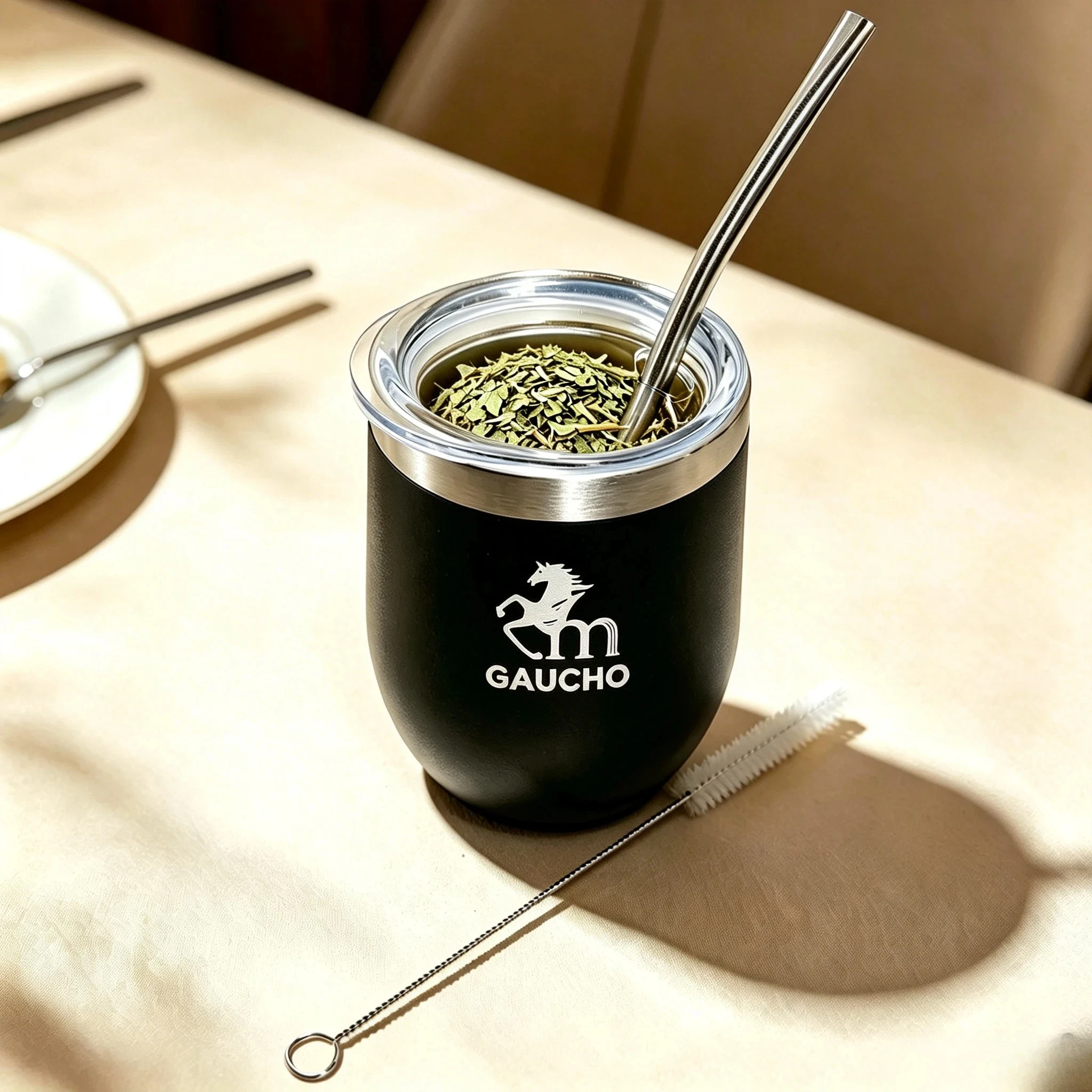 Gaucho Yerba Mate Set 350ml Calabash Gourd Beker Dubbelwandig Roestvrij Staal Met Lekbestendig Deksel Bombilla 16,5cm Afneembaar Filter Reinigingsborstel Voor Reizen – Detail 1