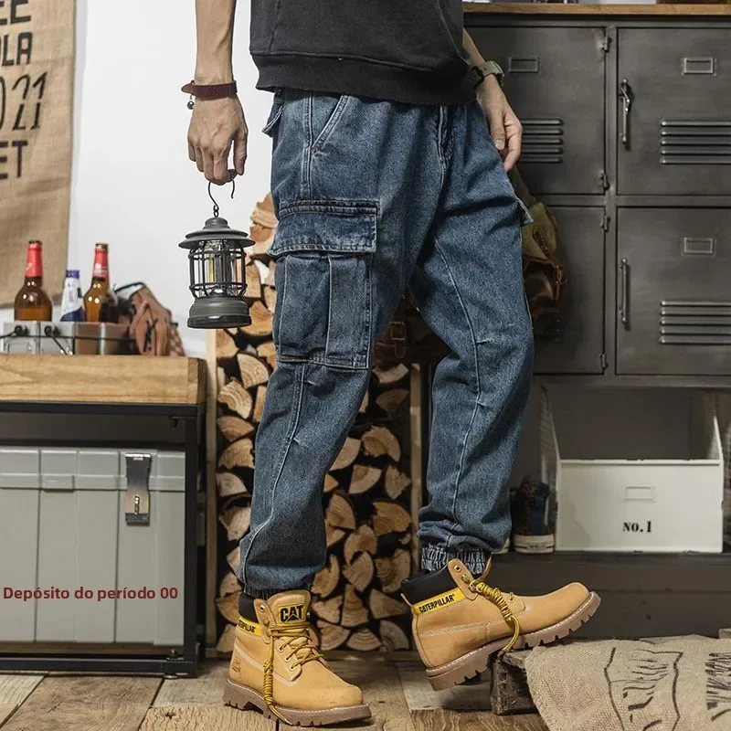 

New Men Fashion Retro American Workwear Jeans Heavy Du Wear Resistant Casual Cuffed Denim Work Pants Straight Leg Trousers