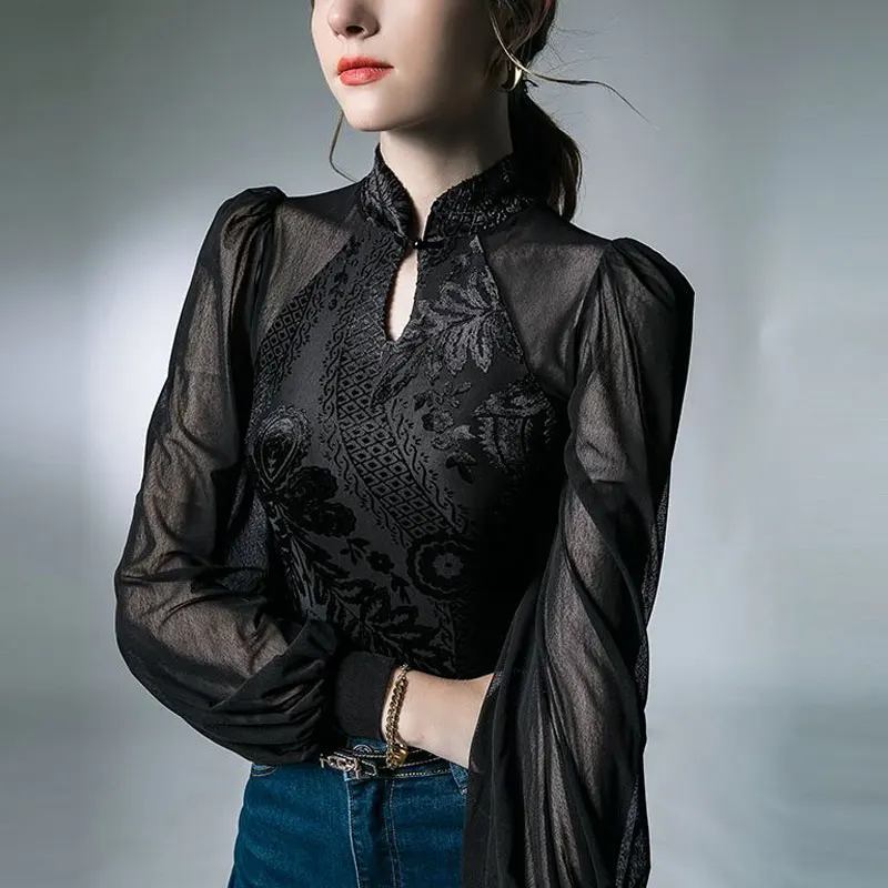 Fashion Chinese Style Slim Blouse Female Clothing Vintage Jacquard Weave Spring Autumn New Hollow Out Elegant Stand Collar Shirt