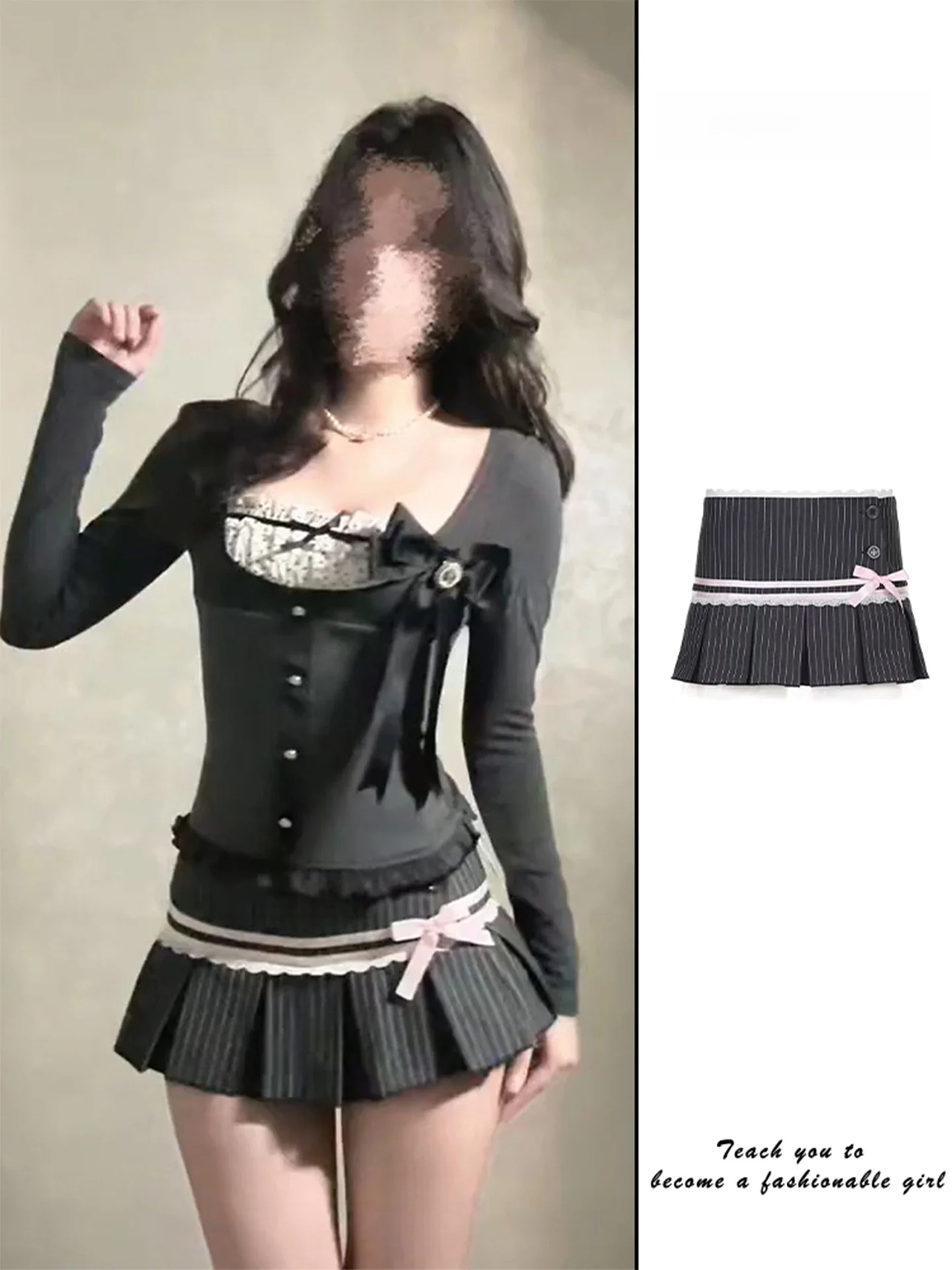Low Waist A-Line  Skirt with  Knot Stripe Lace Pleated Design Women's Fashion Spring Pure Desire Short Skirt
