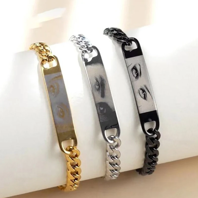 Gepersonaliseerde oogarmband lasergraveren afbeelding aangepaste roestvrijstalen fotoarmband paar sieraden cadeau 2025, tekening afbeelding