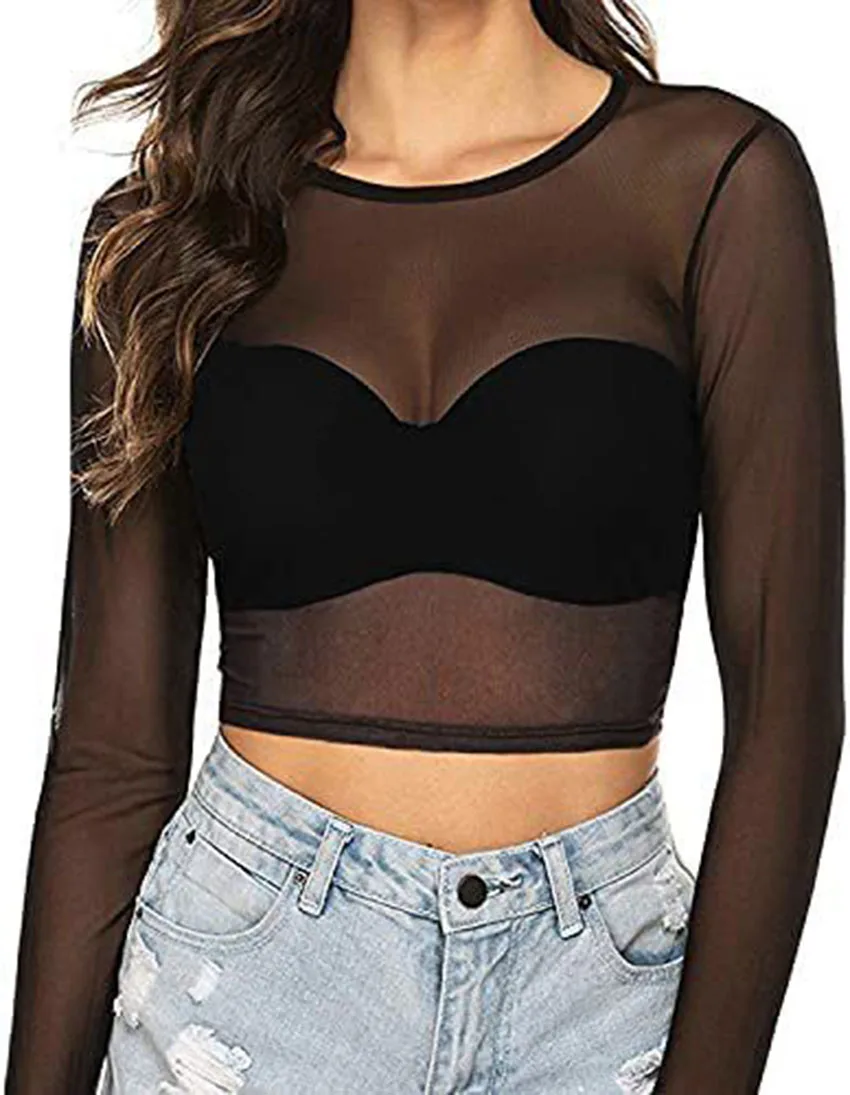 Women's Sexy Sheer Mesh Long Sleeve Top, Black Stretchy Transparent Thin Layering T-Shirt, Fitted See-Through Net Shirt