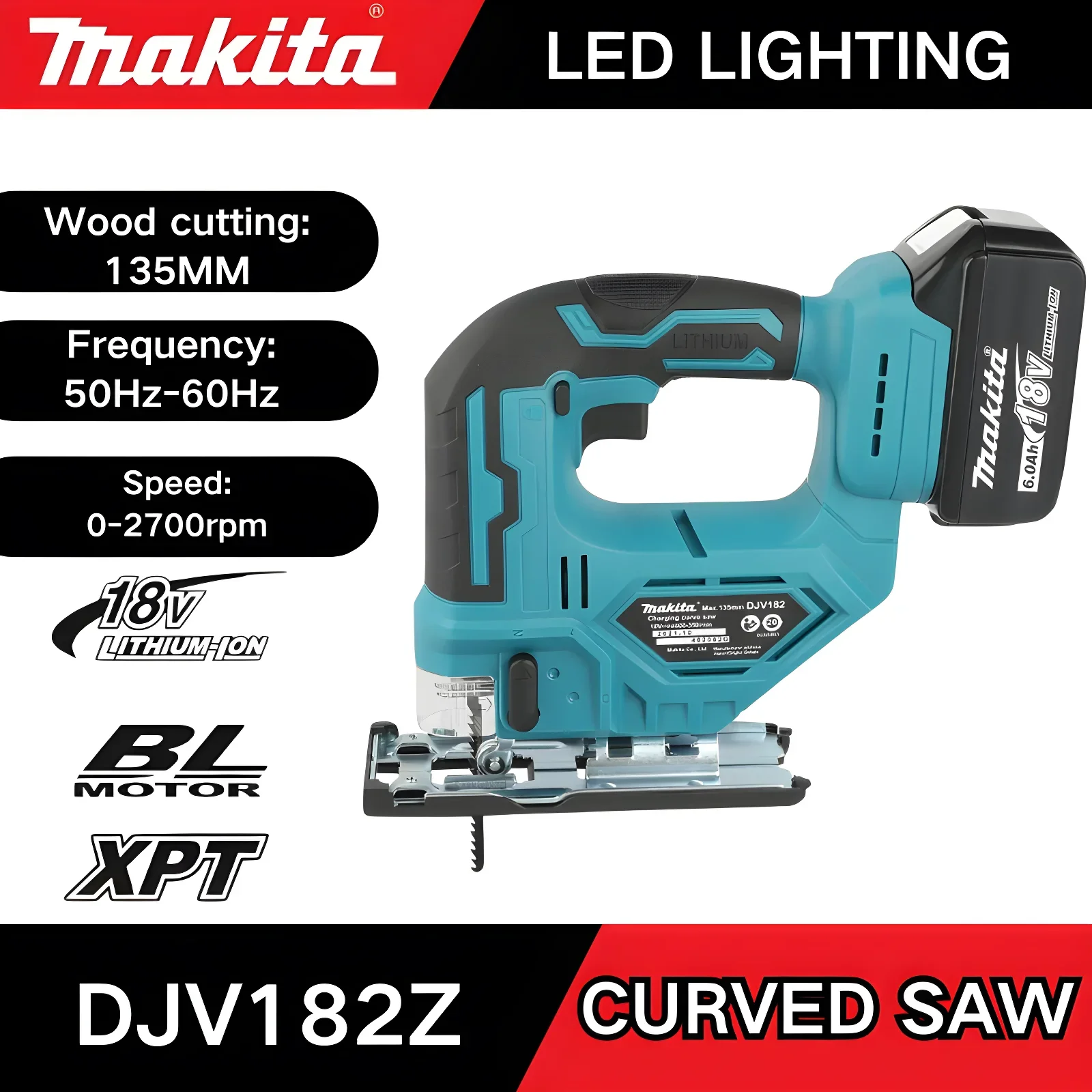 

Электрический лобзик Makita DJV182Z 340 Вт, бесщеточный, с пильным полотном, аккумуляторный, с рукояткой-тубусом, портативный, для плотницких работ