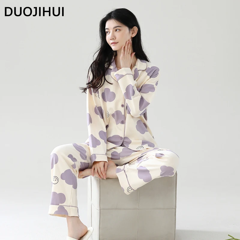 DUOJIHUI Classic Two Piece Casual Home Pajamas for Women New Contrast Color Button Cardigan Basic Pant Autumn Female Pajamas Set