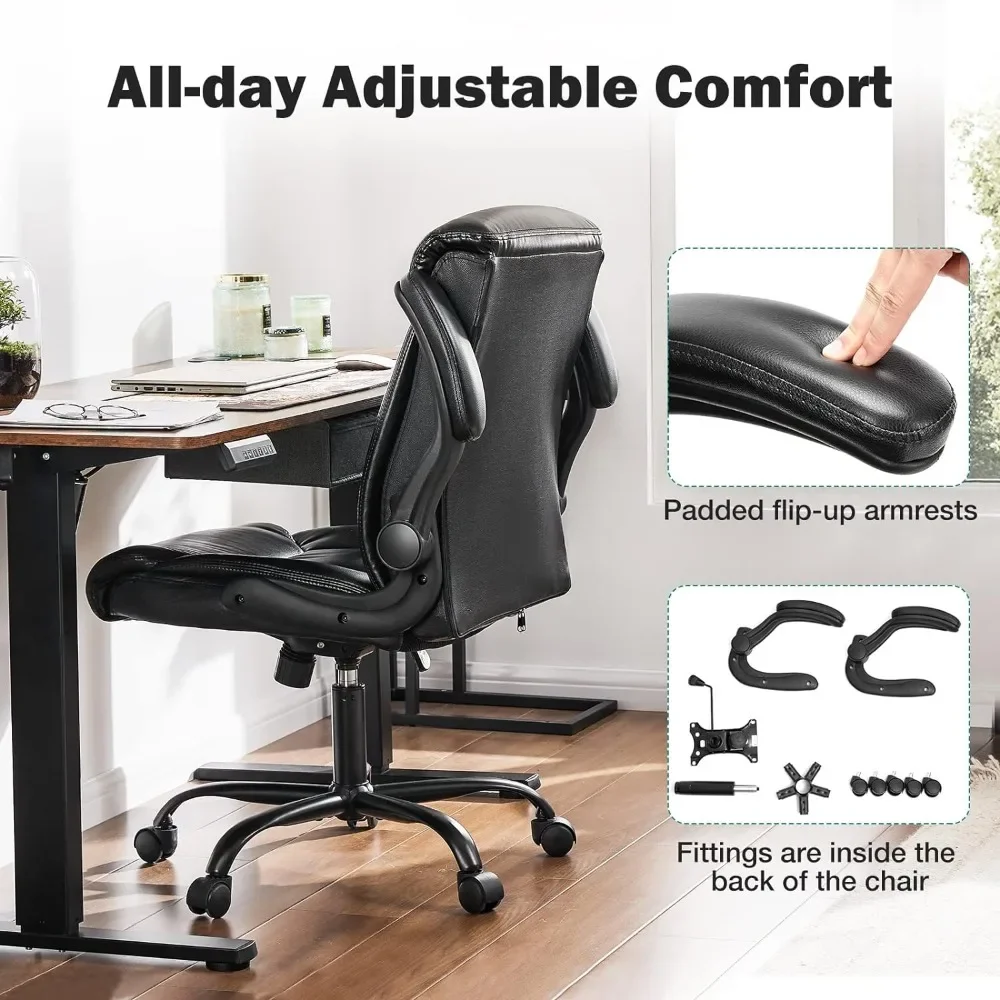 Leather Executive Office Chair,Comfortable Lumbar SupportClassic PU Padded Mid-Back Dark Black Desk Chairs