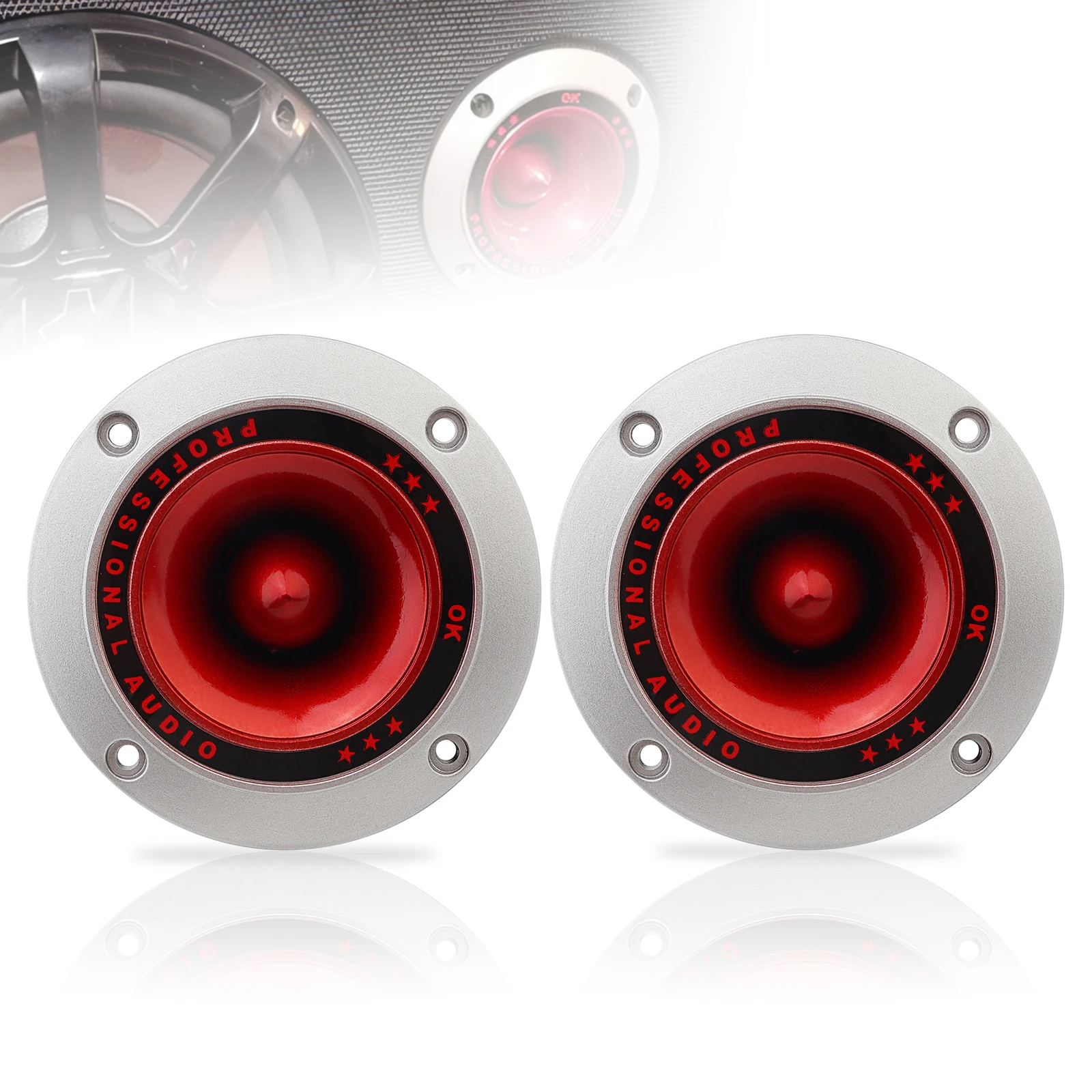 2 pcs 4 inch Car Mini Speaker Silver & Red High Frequency Tweeter for Vehicle / Outdoor Audio Modification,