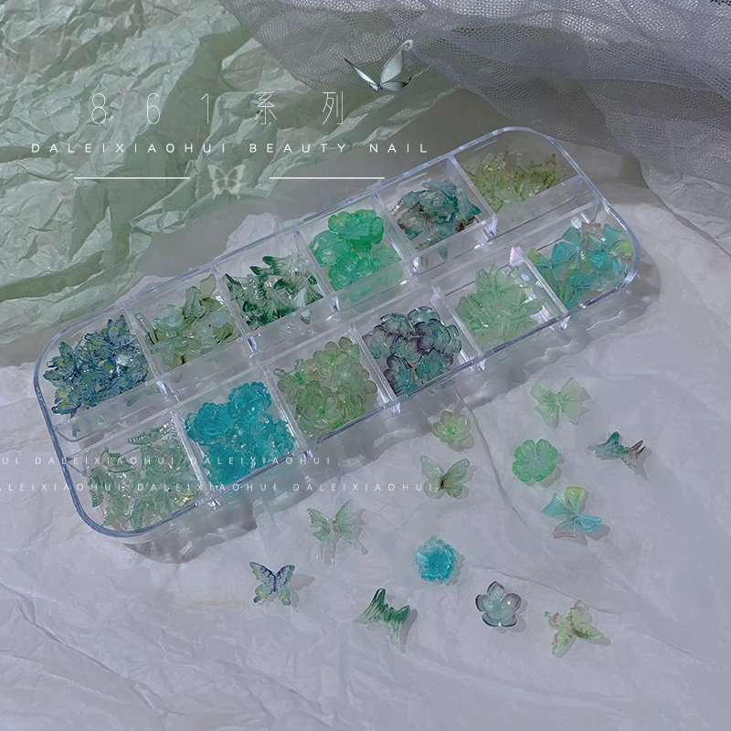 12 Grids Jade Green Nail Decoration Flowers Mixed Nails Accessories Butterfly Nails Drill Goldfish Transparent Floral Ornaments