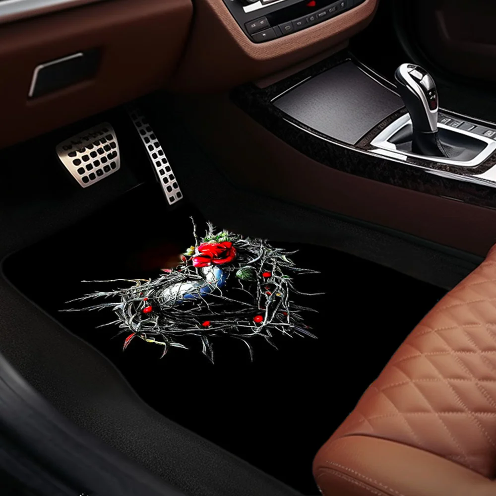 Heart-Shaped Rose Pattern Car Floor Mats 4pcs- Easy Clean- Perfect For Front& Rear Seats, Universal Fit- Enhances Your Car's Int