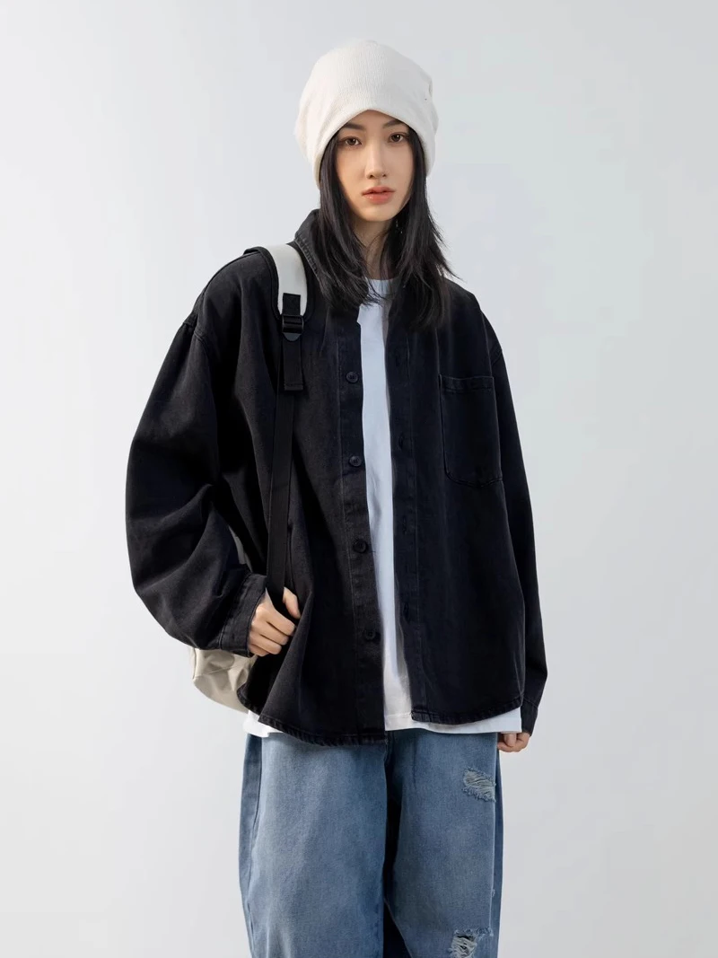 REDDACHiC Oversized Boyfriend Denim Shirt Jacket Women Blouse Top Casual Long Sleeves Autumn Outer Minimalist Black Overshirt