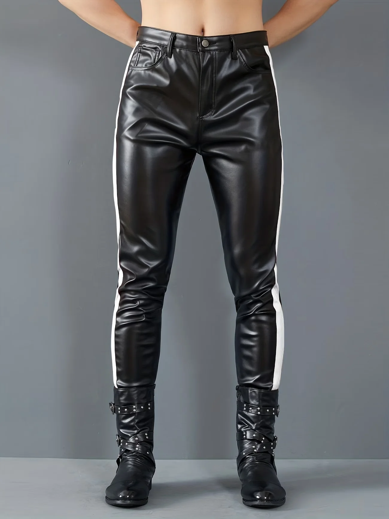 Herren Dehnbare Patchwork Outdoor Halloween Party Cosplay Biker Motorrad PU-Lederhose – Detail 10