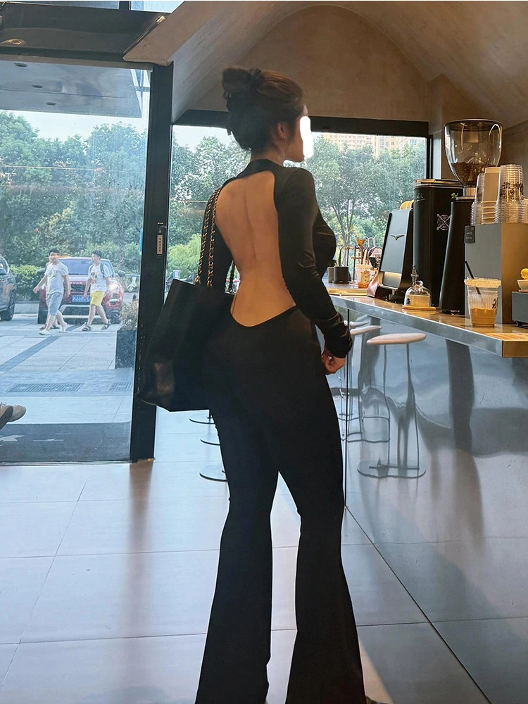 Huax sexy longo sve redondo ne apertado ajuste calças de perna larga feminino início do outono picante apertado de uma peça de cintura alta commute sle