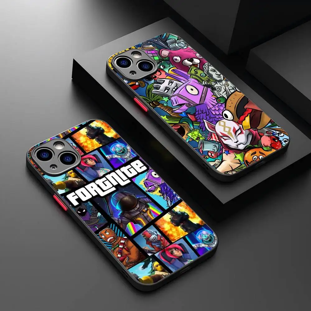 Etui na telefon Cartoon B-Battle-R-Royales-F-FortniteS do iPhone 16 15 14 11 12 13 Pro Max X XS, półprzezroczyste, matowe.