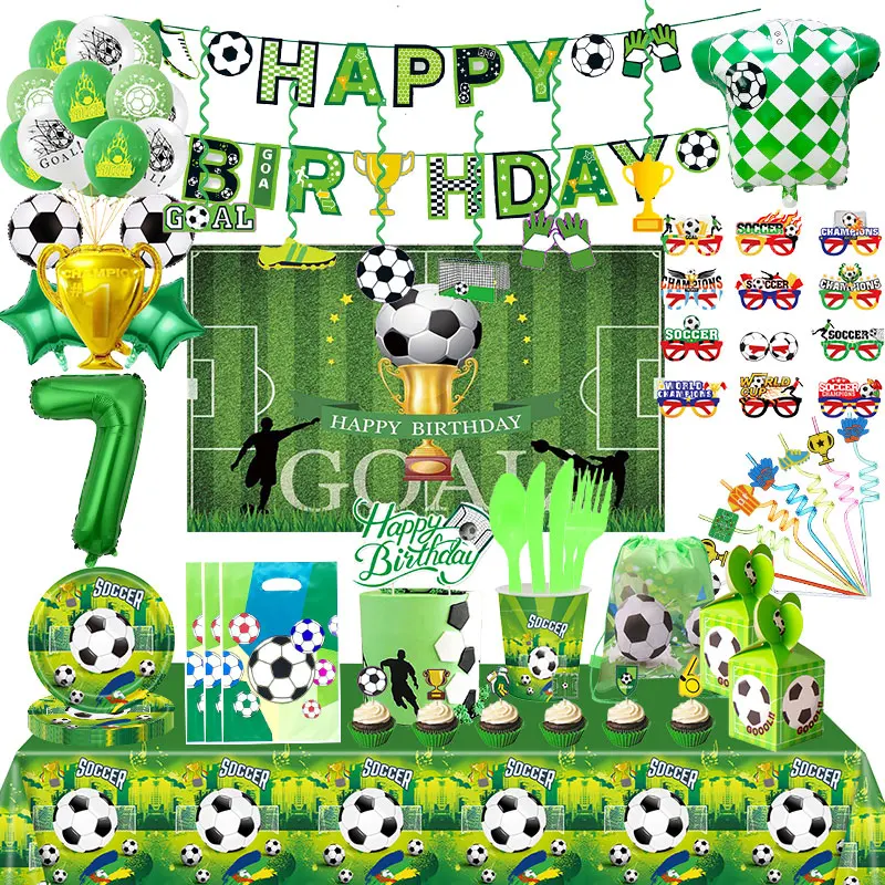 Soccer Football Birthday Party Decoration Kids Soccer Sports Theme Tableware Cup Plate Banner Balloon Supplies Set For Boy Favor