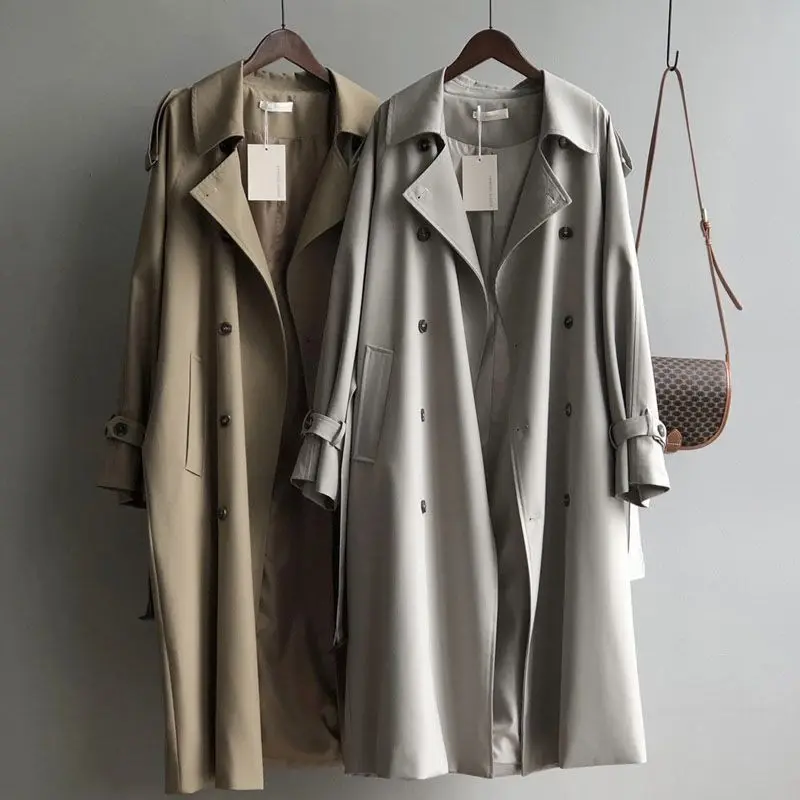 

With Belt Long Trench Coats Women Big Size 80kg Korean Double Breasted Windbreaker Jackets Khaki Gabardinas Spring Fall Abrigos