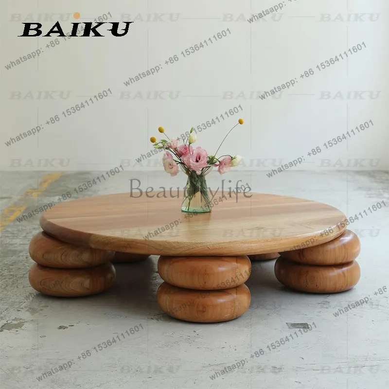 Cream table, small household solid wood glossy round table, B&B round coffee table