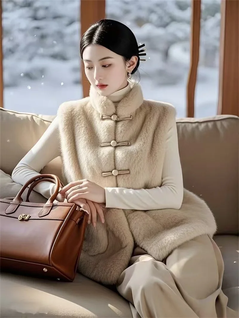 

Women Vest 2025 Autumn/Winter New Collection Cozy Chinese-Style Overcoat Vest with Thickened Guo Feng Fastenings Standing Collar