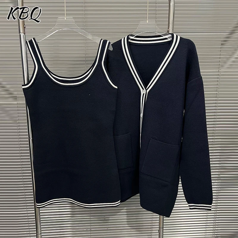 

KBQ Hit Color Комплекты из двух предметов для женщин с v-образным вырезом и длинными рукавами, пальто на пуговицах с квадратным воротником, жилет без рукавов, шикарный женский комплект, новый