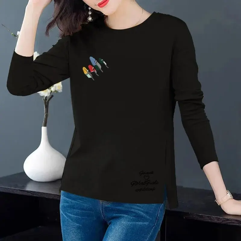 100 Cotton Spring Fashion Versatile Pure Cotton Round Neck T-shirt Split Casual Loose Women Base Shirt