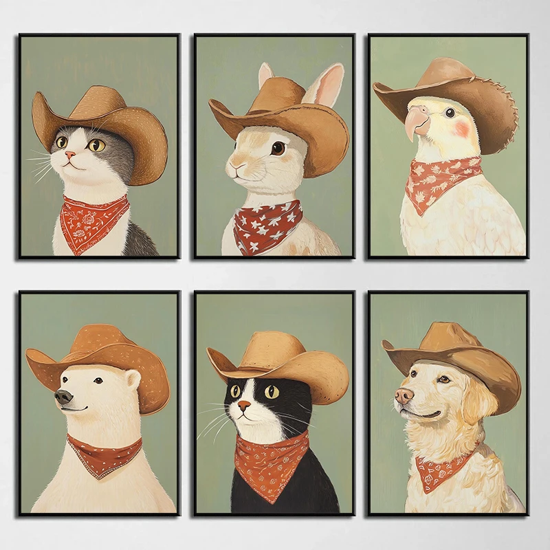 Western Cowboy Animals Portrait Poster Print Canvas Painting Cowboy Hat Cat Dog Rabbit Wall Art Picture for Farmhouse Home Decor