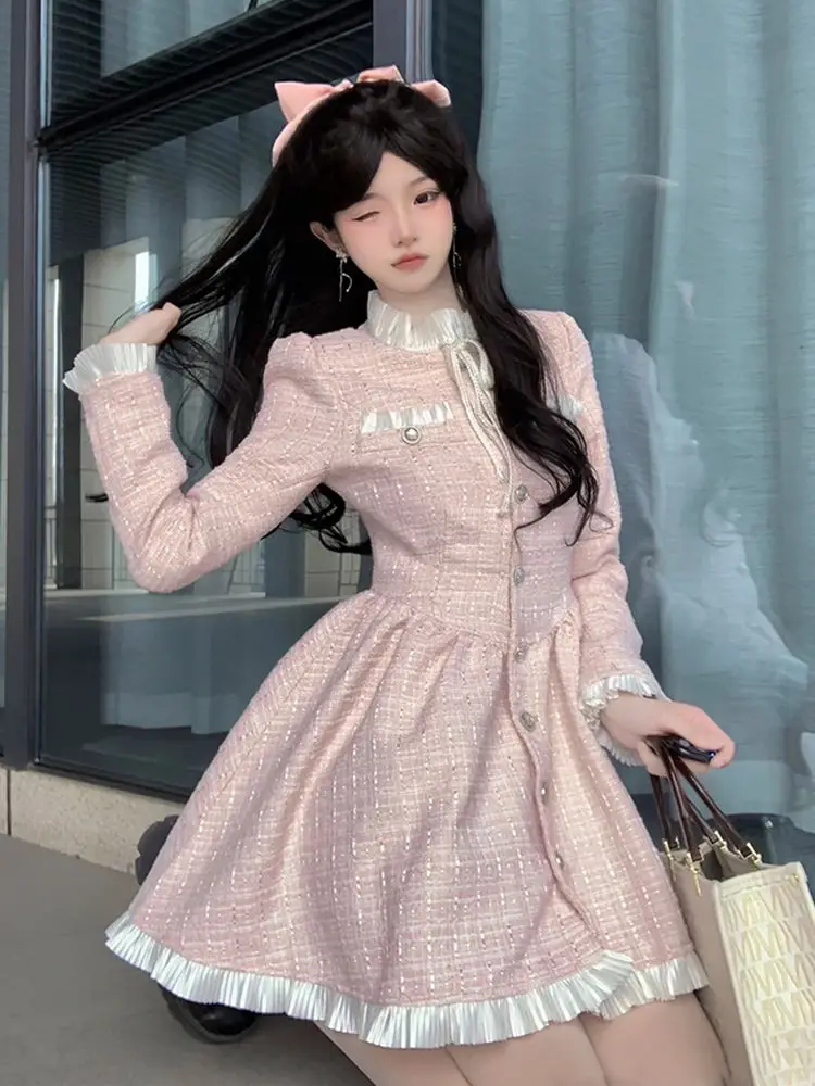 

Japan Pink Dress For Women In Autumn And Winter New Style French Long-Sleeved High-End Temperament Lace-Up A-Line Skirt