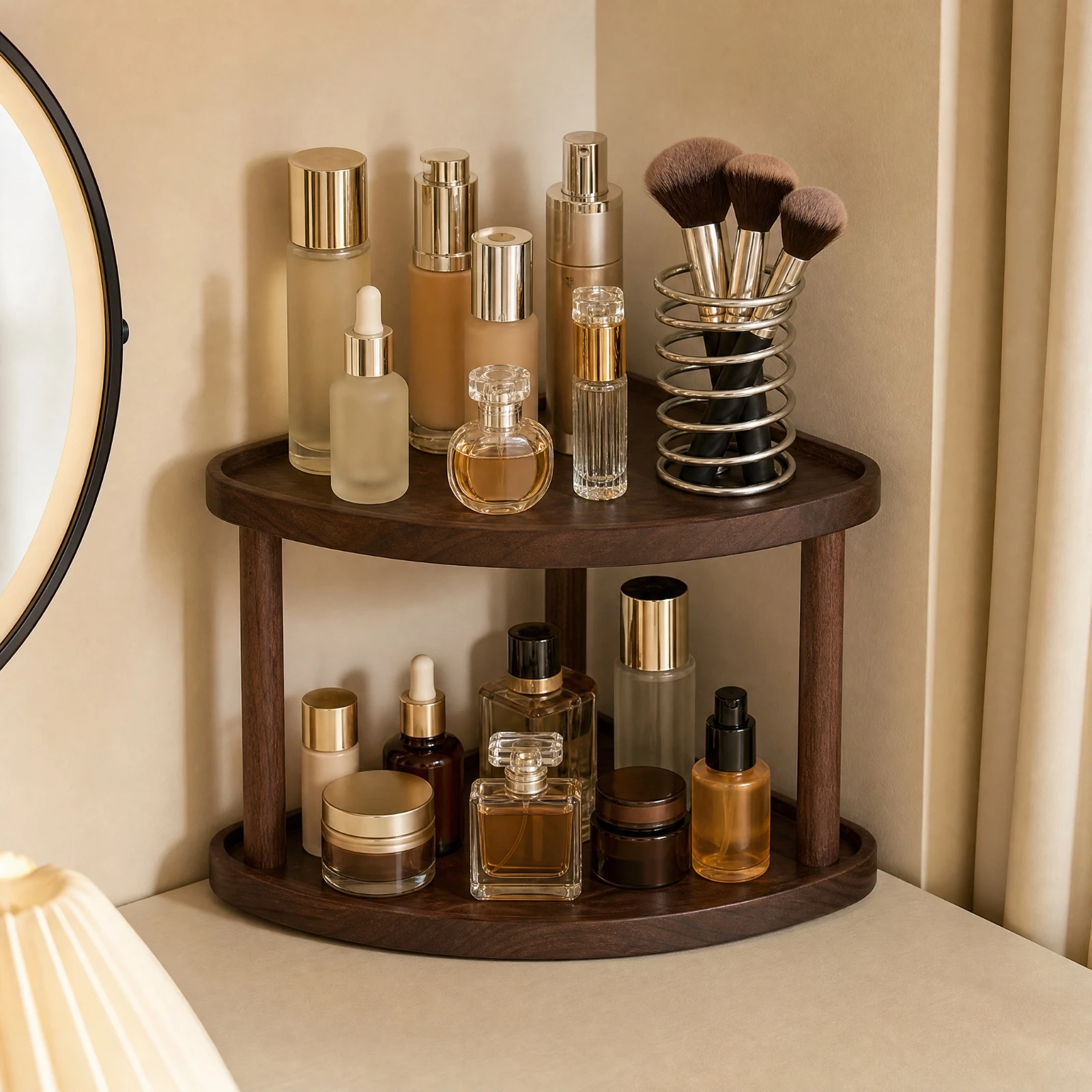 Wooden Corner Shelf with Fan-Shaped Shelves Space Saving Freestanding Corner Storage Unit Makeup Organizer Stand Solid Wood