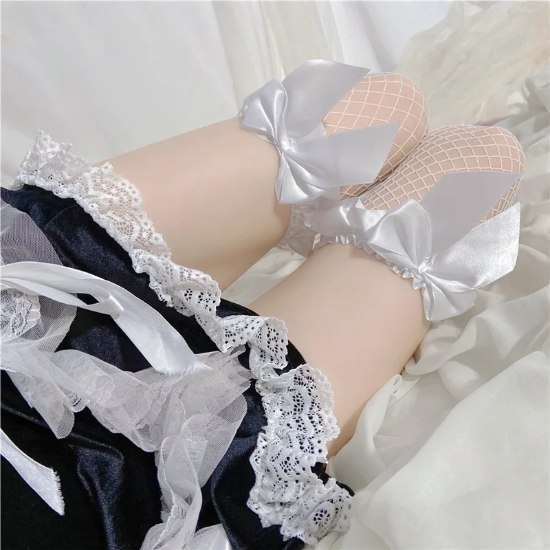 Bow Black Silk Stockings Women's Sexy Black over-the-Knee Long Socks JK Lace Edge Dark Loli Thin Fishnet Stockings