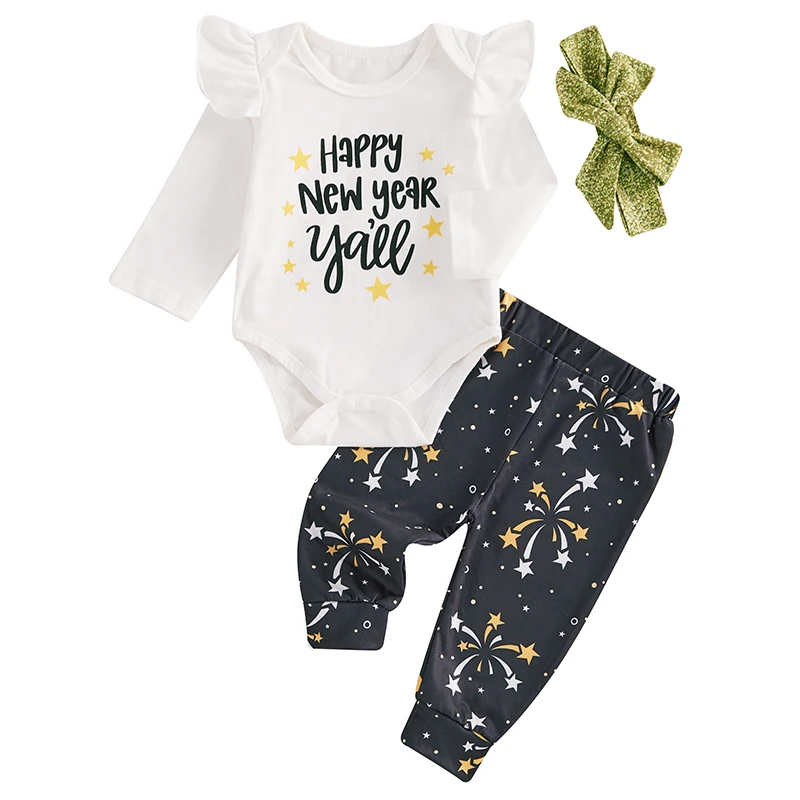 

Baby Girls New Year Outfit Letter Print Long Sleeves Romper and Firework Print Pants Headband Set Cute Clothes