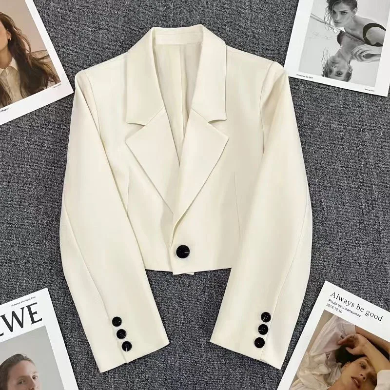 Korean Style Cropped Blazers for Women Fashion Single Button Black Small Suit Jacket New All-Match Notched Collar Blazer Coat