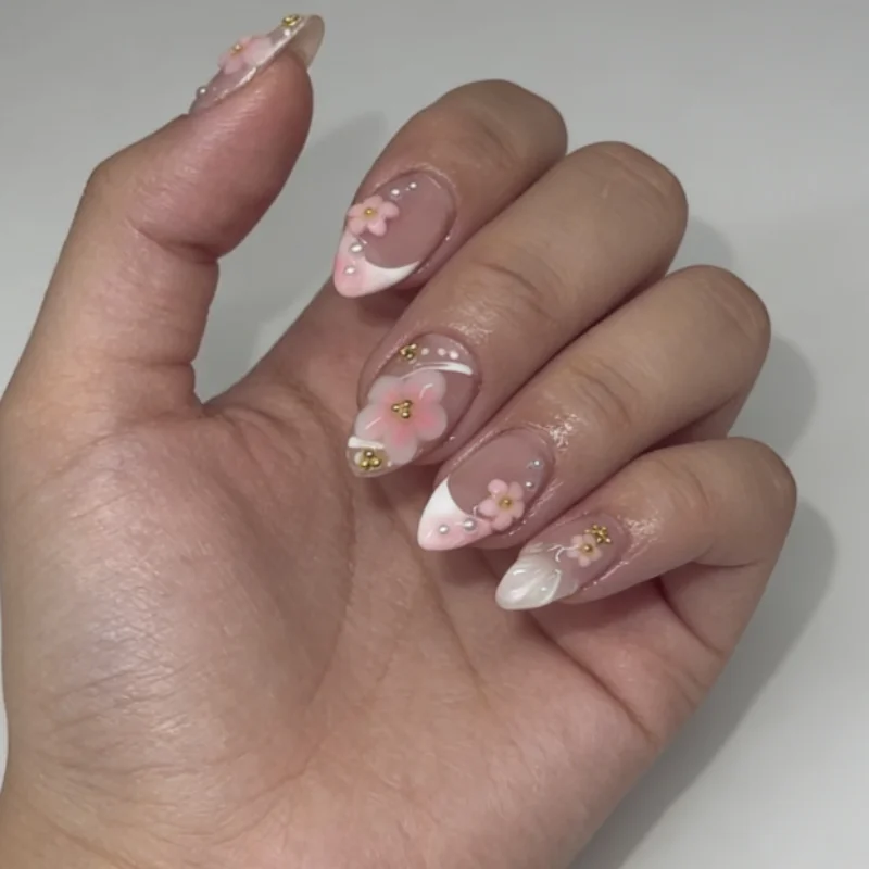 

24PCS Nude Pink White Almond Press on Nails 3D Flower Pearl Rhinestone False Nails French Sweet Elegant Style Reusable Manicure