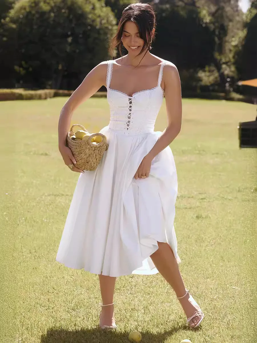 European and American women's summer new white lace camisole splicing slim midi dress French dress