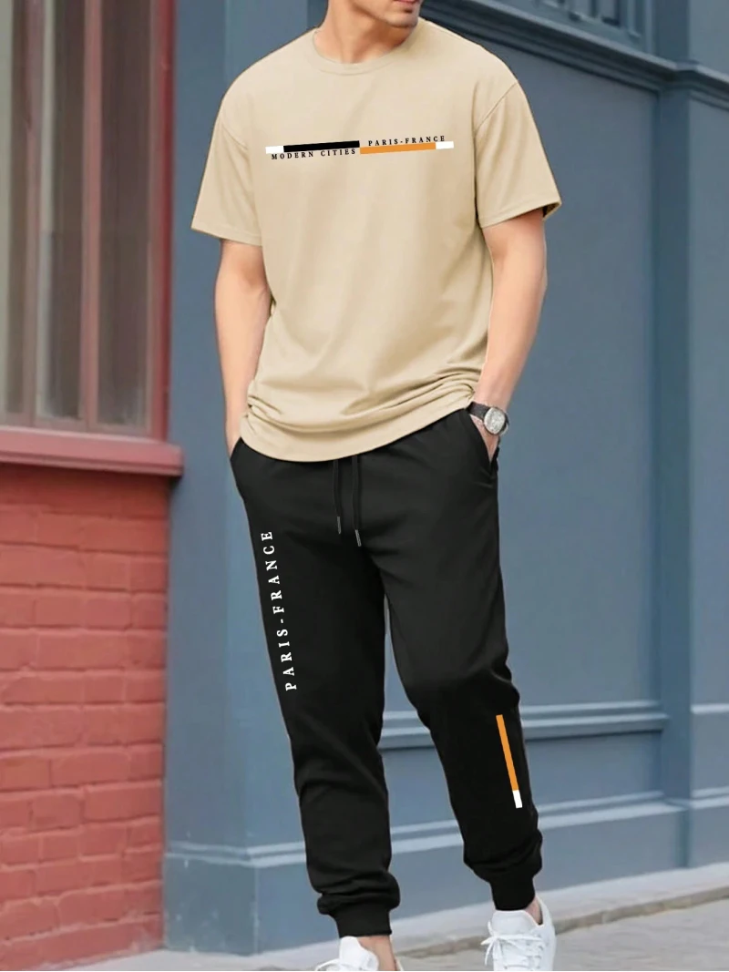 Outdoor Casual Mens Two Piece Set Casual Letter Printed Pattern Crew Neck T-Shirt and Trousers Set Mens Everyday Wear Clothing