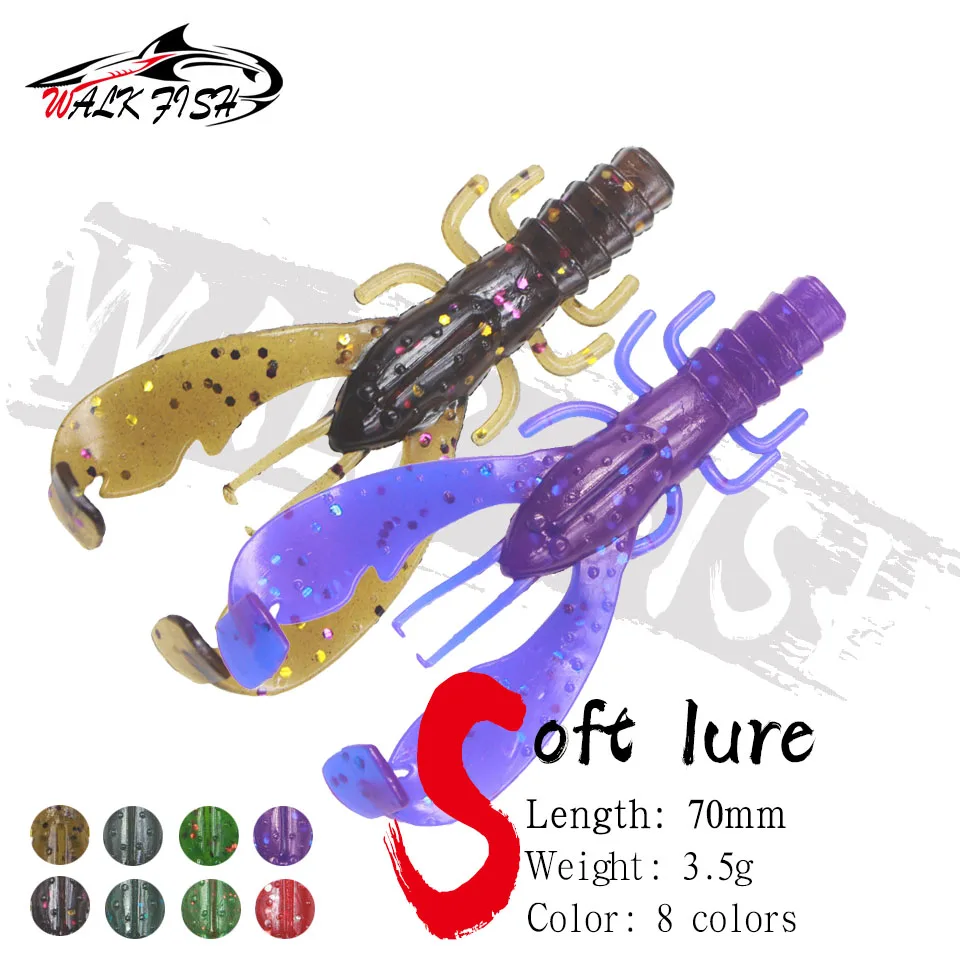 WALK FISH 5PCS TPR Crawfish Lure Soft Biat Jig Plastic Bass Fishing 70mm 3.5g Tractive Shrimp Wobbler Peche Jigging Soft Lure