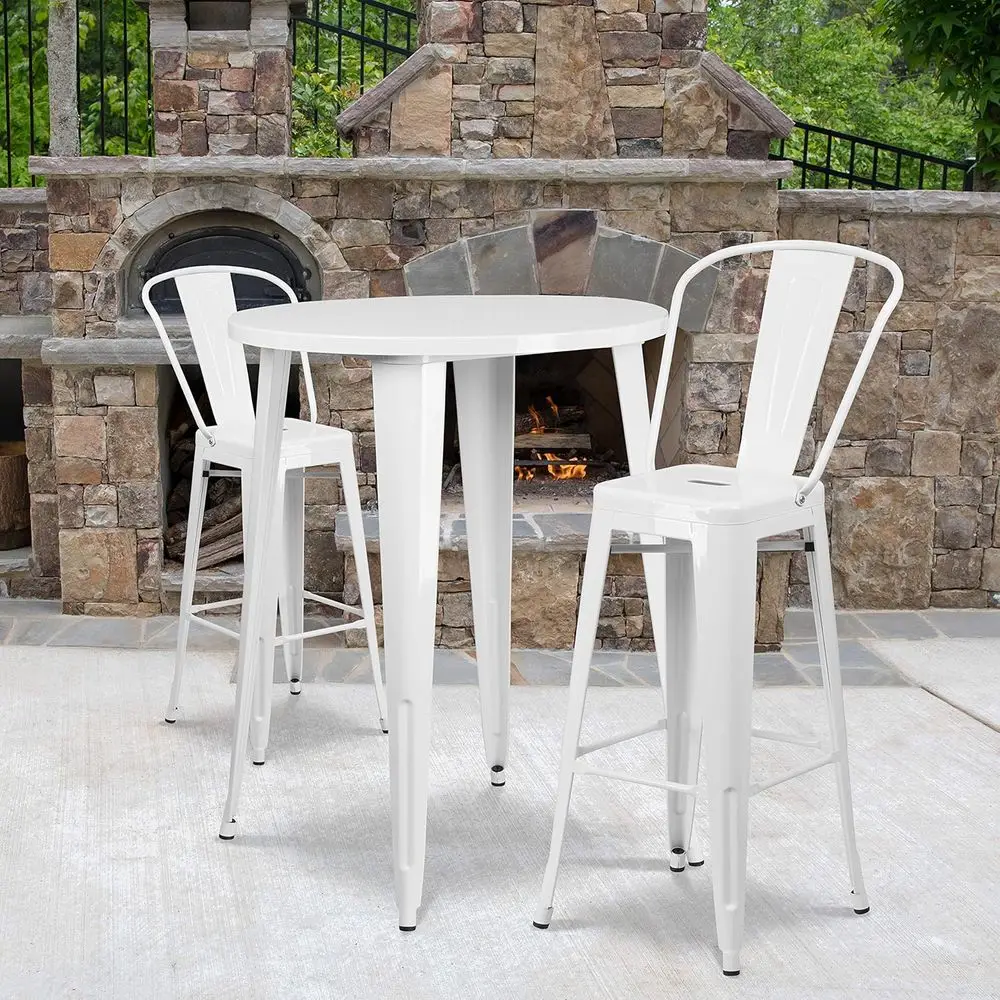 

30 Round White Metal Indoor-Outdoor Bar Table Set with 2 Chairs