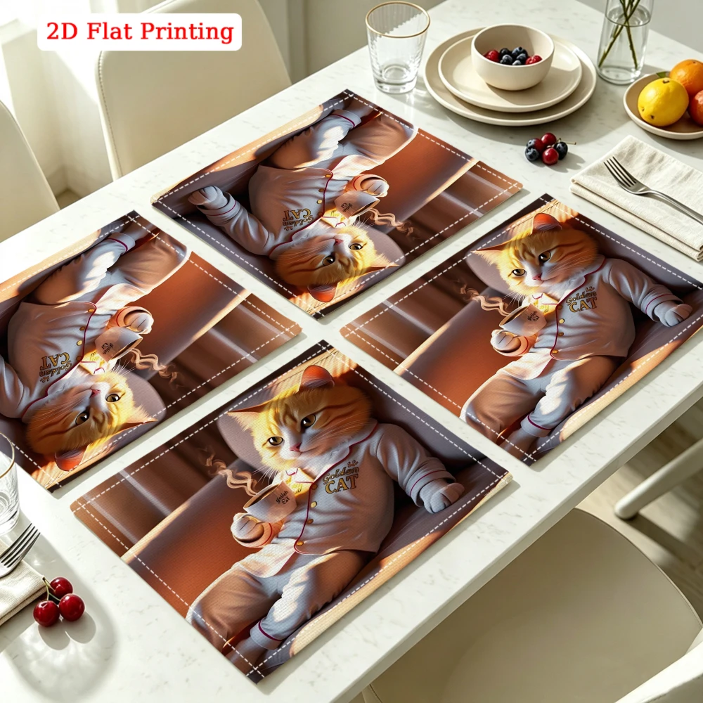 2Pcs Brown Cartoon Cat Wearing Pajamas Holding Coffee Cup Placemat Kitchen Dining Home Decor 30X40Cm
