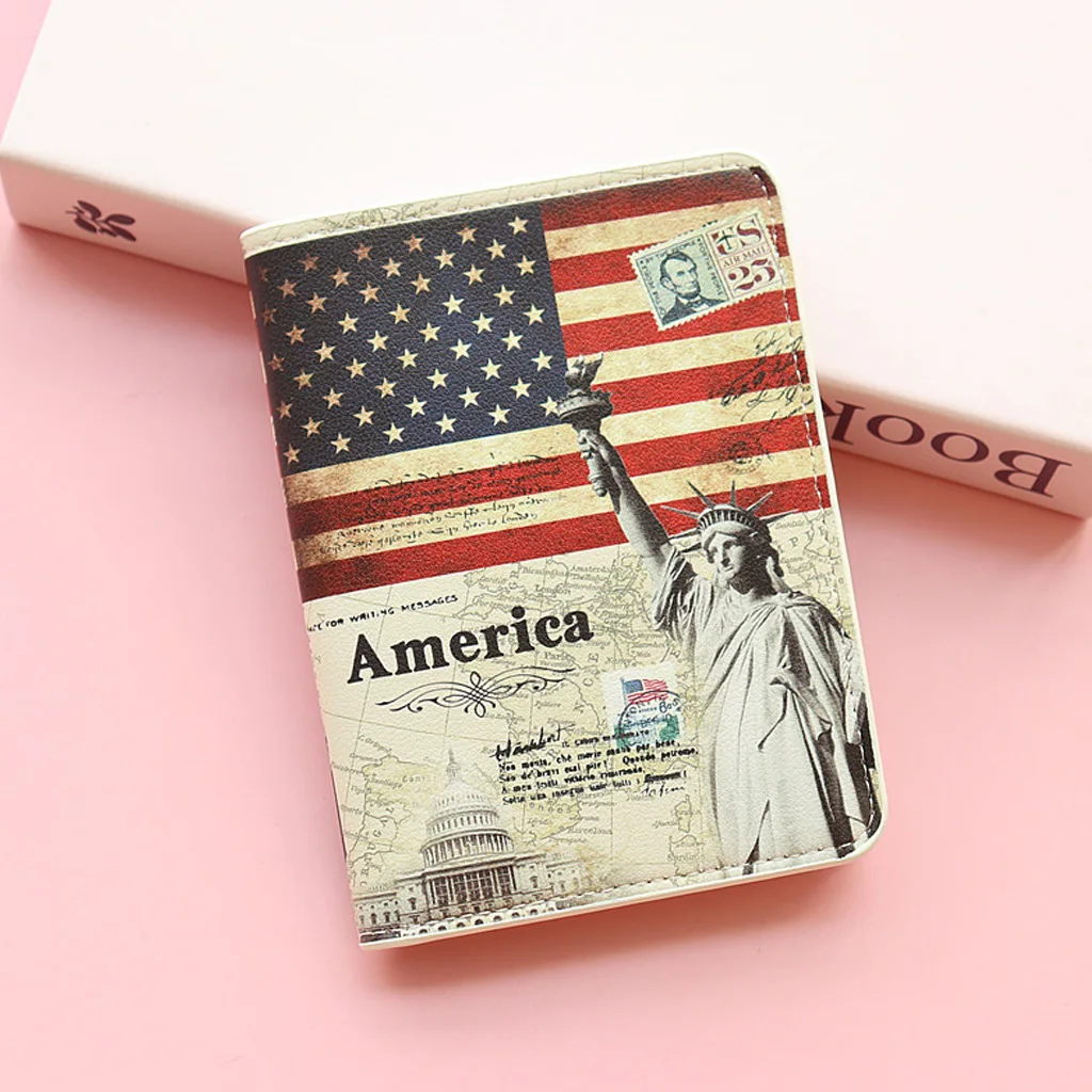 

Vintage America Flag Passport Cover Statue of Liberty RFID Blocking PU Leather Travel Wallet Slim Holder Case for Women Men