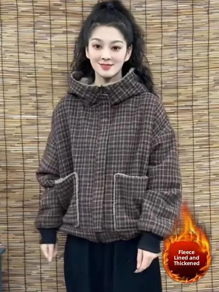 

2025 New Autumn Winter Thiened Fce Casual Plaid Hooded Coat Women's Cotton Jaet Korean Sle Loose Fit Zipper Closure