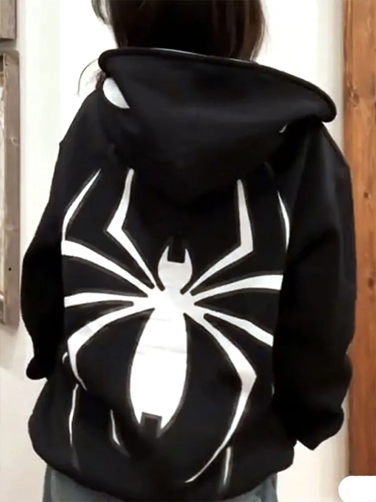 

Женское пальто, толстовки, осень-зима, новая уличная одежда, модное пальто с карманами и принтом паука, повседневное тонкое пальто на молнии, женское универсальное пальто с капюшоном