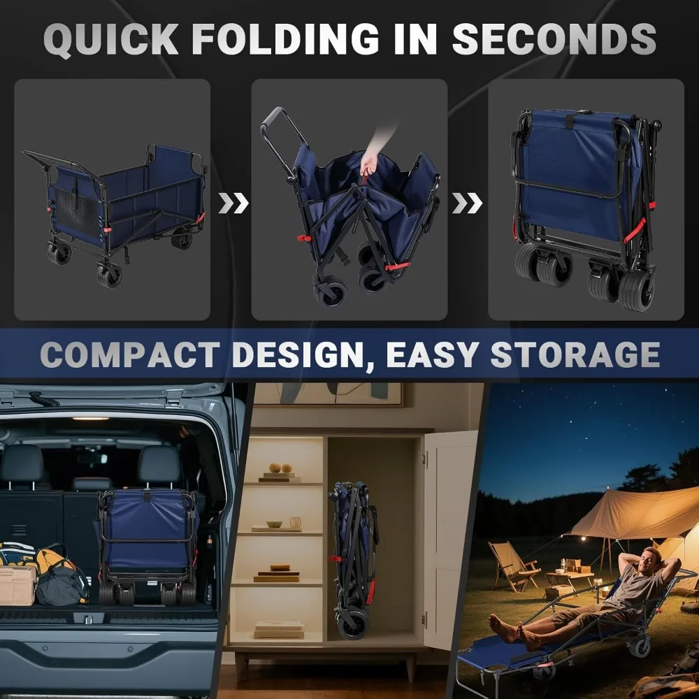 Heavy Duty Collapsible Cart with 650lb Capacity, All-Terrain Wheels, Brakes, and Side Pockets - 2-in-1 Utility Wagon for Outdoor