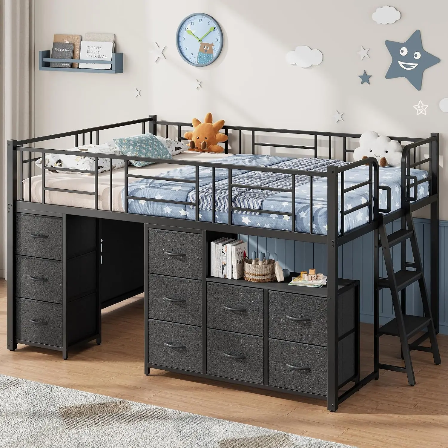 Full Low Loft Bed with 10 Drawers, Bookcase & 13