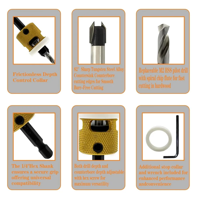 A43F-Sechskantschaft-Senkerbohrer-Set, 1/8 Zoll, 9/64 Zoll, 5/32 Zoll, Holzbearbeitungs-Senkerbohrer + einstellbarer Bittiefenanschlag