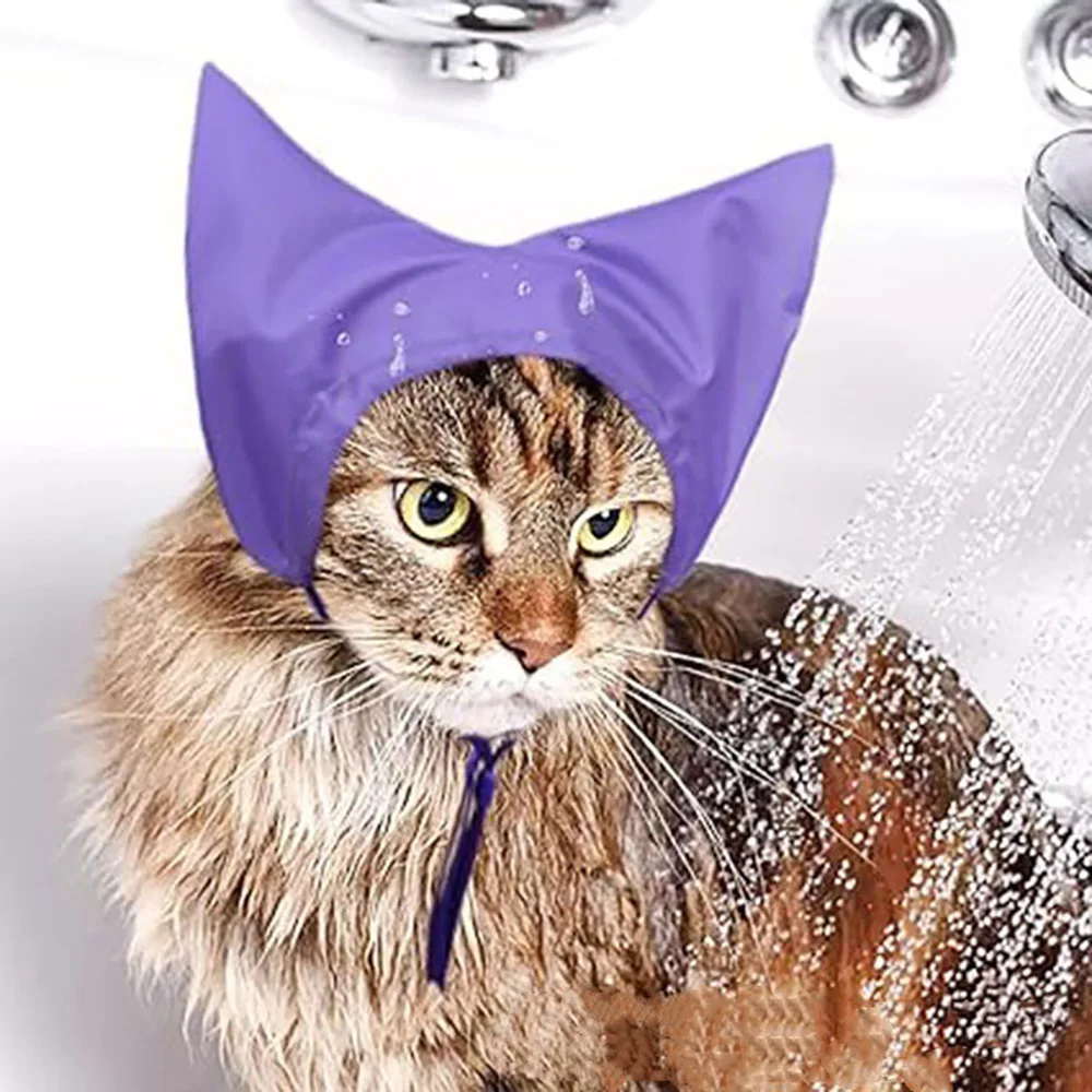 Cat Shower Cap Waterproof Ear Cover Prevent Water Into Ears Adjustable Pet Bath Hat For Kitten Grooming Bathing Daily Use